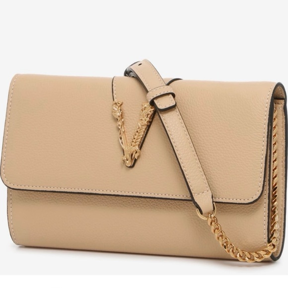 Authentic Versace V Logo Beige Pebbled Leather Chain Shoulder Bag Clutch Purse - Picture 3 of 11